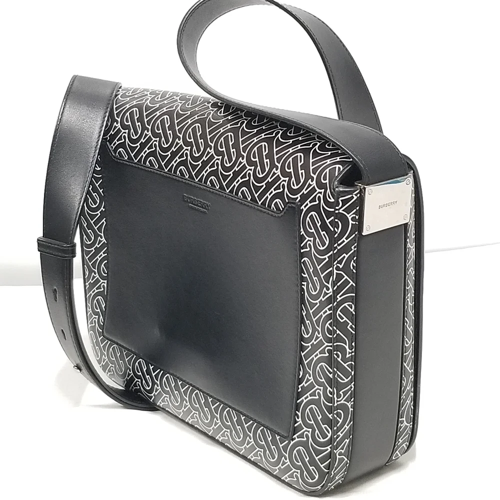 BURBERRY Calfskin Monogram TB Print Black and White Messenger Crossbody Bag